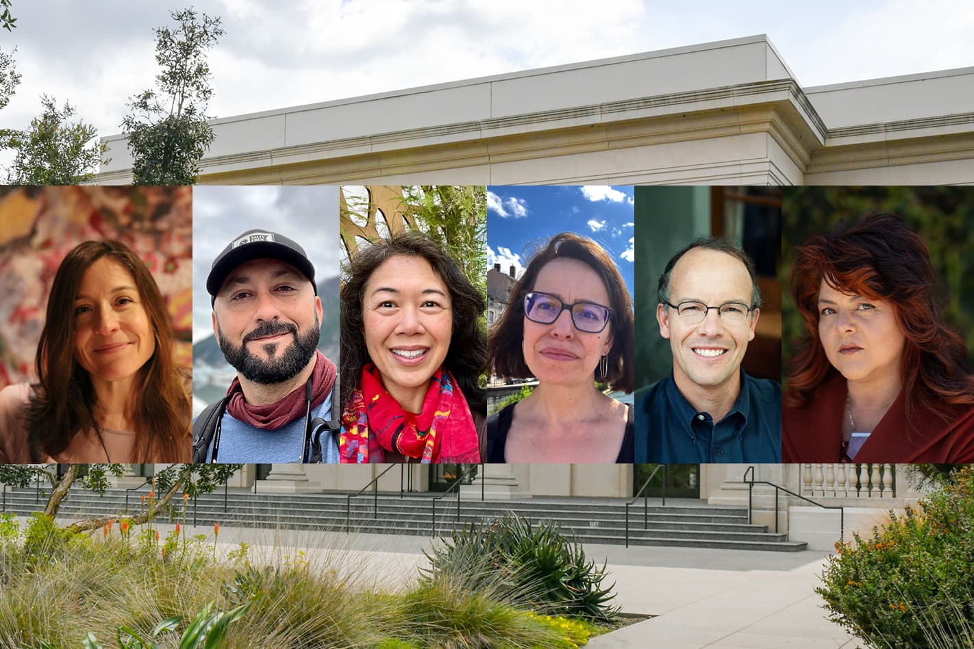 Portrait pics of 6 people overlaid over a photo of a building and the shrubbery in front of it.