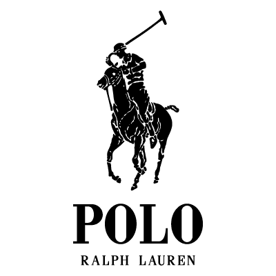 A black logo featuring a person on a horse, underneath reads "POLO / RALPH LAUREN."