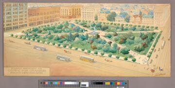 Watercolor rendering of Central Park (Pershing Square), Los Angeles, approximately 1910