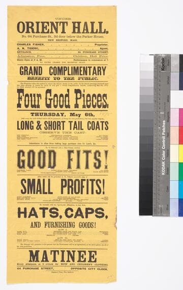 Under Orient Hall, No. 64 Purchase St., 3d door below the Parker House, New Bedford, Mass. Charles Fisher, Proprietor. A.N. Tiderc, Agent