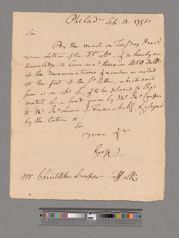 Letter from George Washington, Philadelphia, to Christopher Cowper