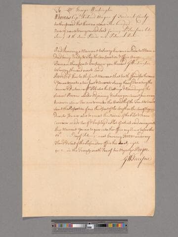 Warrant to George Washington from G.W. Fairfax to survey wastelands joining Lord Fairfax's survey near Potomac River