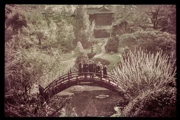 Group portrait on the Moon Bridge, Japanese Garden, Huntington