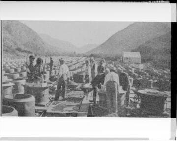 A construction crew making cement pipe for the waterway at Mill Creek #3 Hydro Plant