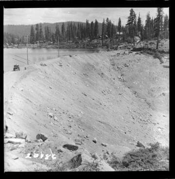 Big Creek, Huntington Lake Dams - Progress of backfills on Huntington Lake Dams by Stone & Webster Co