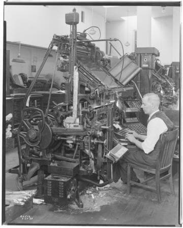 Man typing at Linotype machine in the Huntington Park Signal pressroom