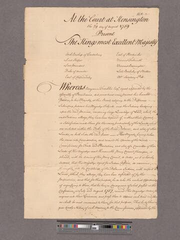 Board of Trade and Plantations. Response to Benjamin Franklin's petition to open an inquiry into the Indian complaints