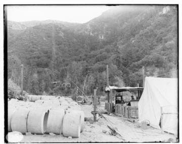 Construction of Mill Creek #3 Hydro Plant showing the hoist line #6 for the flowline