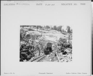 Big Creek, Florence Lake Dam - Train emerging from Intake Portal of Florence Tunnel at Camp 63, and Roots