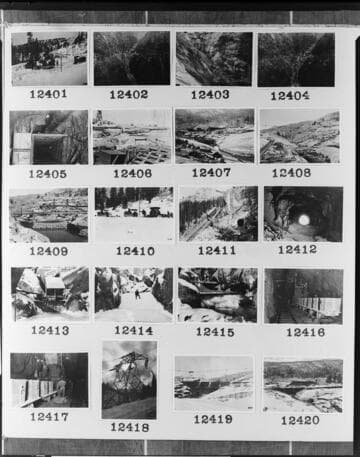 Multiple-image copy film negative with images of hydro construction at Big Creek: #02-12401 to #02-12420