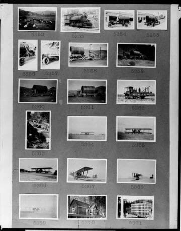 Multiple-image copy film negative with 20 images of Kern River construction, Big Creek facilities, and a Martin type - bomber plane