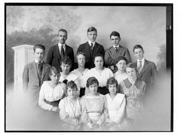 Group portrait of young men and women, Merced Falls, Merced County