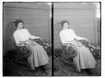 Young woman in a wicker rocker, Merced Falls, Merced County (two views)