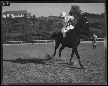Mrs. Spencer Tracy playing women's polo at the Riviera Country Club, Santa Monica Canyon