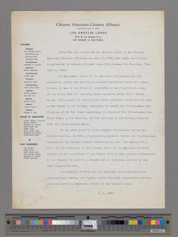 Statement by Y. C Hong, President of the Chinese American Citizens Alliance, Los Angeles Lodge, on the death of Peter SooHoo