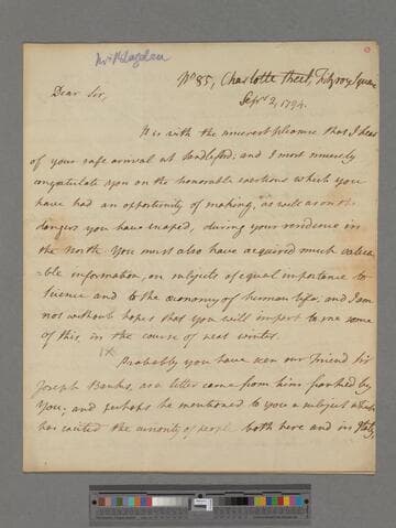 Blagden, Sir Charles. Letter to Matthew Montagu, 4th Baron Rokeby