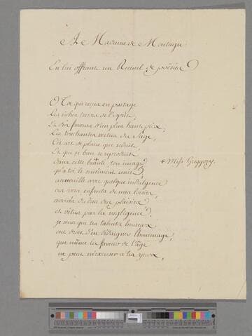 [Unknown author]. A Madame de Montagu En lui offrant un Receuil de poesic: [a poem]