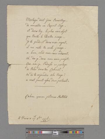 Du Boccage, Marie Anne (Le Page) Fiquet. "Montagu dont jeus l'avantage": [a poem in 12 lines addressed to Mrs. Elizabeth (Robinson) Montagu]