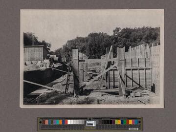 Huntington Library Construction: view of the Main Building excavation and forms, looking west