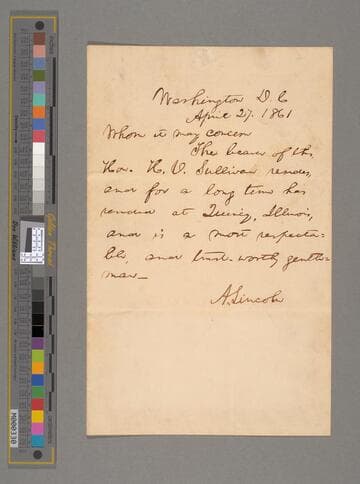 Abraham Lincoln, Washington, D.C., letter to unidentified recipient