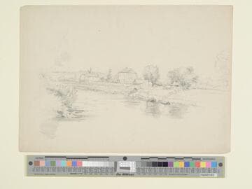 River Scene with Barge, Houses and Windmill