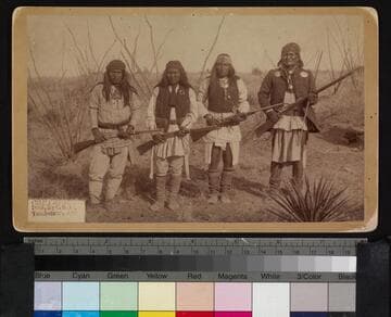 Geronimo, Son and two picked Braves. Man with long rifle Geronimo