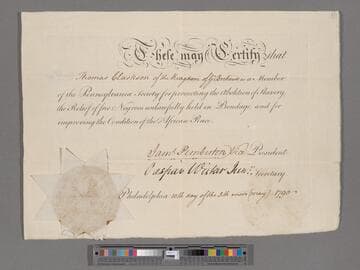 Pemberton, James. [Certificate of membership issued to] Thomas Clarkson as member of the Pennsylvania society for promoting the abolition of slavery