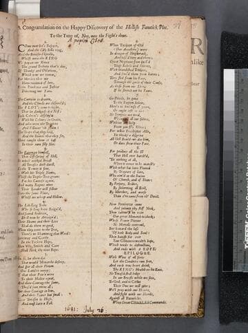 A congratulation on the happy discovery of the hellish fanatick plot. To the tune of, Now, now the fight's done