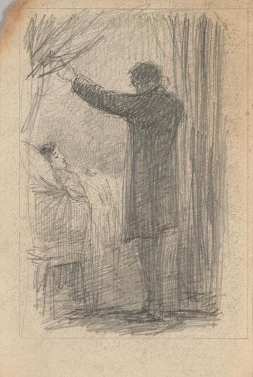 Man with Upraised Arms Looking at a Figure in Bed