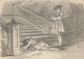 Man in Standing Over Another at Foot of Stairs