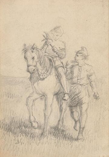 Two Men in Medieval Dress, One on Horseback