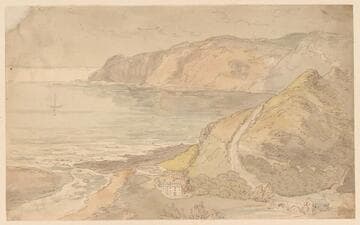 Coastal View from a Bluff, a House in Center Foreground, Bridge and House to Right