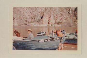Preparing the "Maid of the Canyon" for picturing; Bright Angel Creek.  Ballard Atherton as Frank Goodman, Buzz Belknap as Senaca Howland and Roy Bolton at right