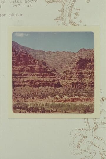Arch on horizon across from the mouth of Chandler Creek.  Taken from top of talus above pictograph cave, Mile 47