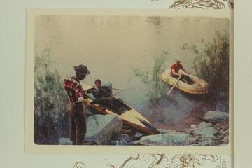 Harvey Butchart and Bill Mooz in boats 1/4 mile above mouth of Diamond Creek where they crossed 1969, Apr. 26.  Doc Ellis stands on shore