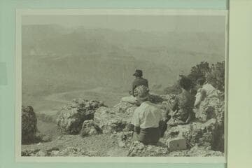 The Rim Runners watching the running of Unkar Rapid.  Buzz Belknap with the glasses; Margaret Marston; Margie Mannering; Debbie Marston