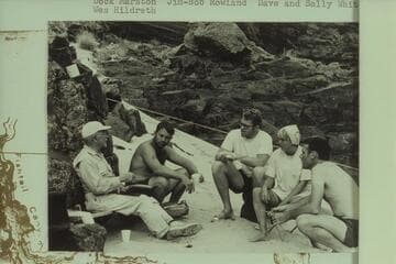 The history of Grand Canyon cruising in five days.  Mile 136 1/2 left bank.  Dock Marston; Jim-Bob Rowland; Dave and Sally Whiting; Wes Hildreth