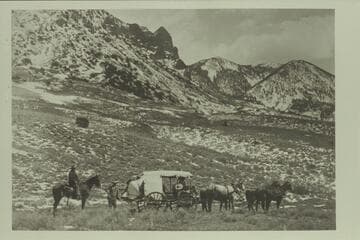 Charles Gibbons' white-top buggy at Mt. Pennell Pass--probably going to dredge.  This is the road to the dredge which was built by Stone and Stanton.  Copy of print in Gibbons' album.  Cunningham and Gibbons