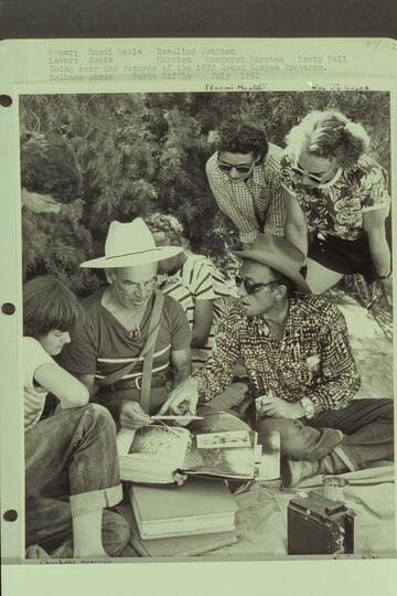 Going over the records of the 1938 Grand Canyon Traverse.  Upper:  Naomi Heale and Rosalind Johnson; lower:  Jodie, Marston, Margaret Marston and Lorin Bell