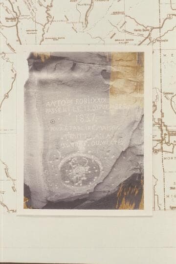Robidoux inscription on the Book Cliffs where Westwater Creek breaks through them.  Joe reports that the three of his party examined the inscription and found the third letter in the last word to be a Y and not an N with a portion lost by spalling of roc