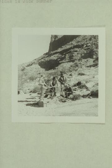 The Powell crew in the Disney filming of "The Colorado River Story" above Moab.  Brian Keith is playing Bill Dunn.  Stan Jones is Senaca Howland.  Bob Armstrong is Oramel Howland.  Dan Sheridan is Jack Sumner