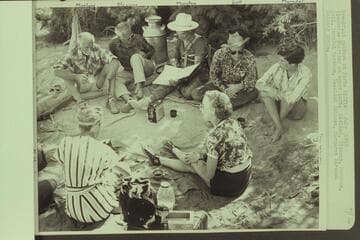 Breakfast gabfest at Paria Riffle.  Clockwise starting at upper left:  Masland, Eisaman, Marston, Bell, Maradel Marston, Rosalind Johnson and Margaret Marston