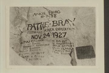 Names on left wall of Cataract Canyon:  Pathe-Bray party 1927; Swain-Hatch, 1933; Holmstrom-Burg-Johnson, 1938