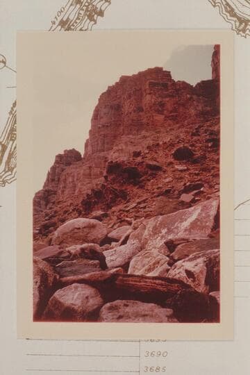 Right bank at Mile 202 at foot of Rapid 23, Mile 202.  Below the mouth of side canyon at Mile 202