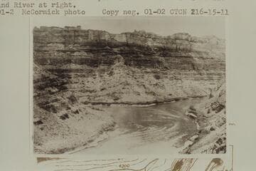 Up at head of Cataract Canyon to Green River at left and Grand River at right