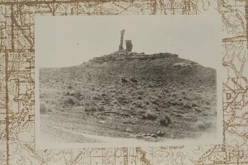 Cobra Rock at left and The Sailor.  "Hite Quad:  Standing rock (alone and above the name Andy Miller) is Sailor and Cobra."  (Hazel Ekker letter, 1966, Dec.)  George Whitmore and Earl Daniels are the "Tourists"--No doubt these?