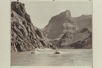 The Wright-Rigg inboard motor boats at the end of their first run through the Grand Canyon in 1952.  Lake Mead about 5 miles below Separation Canyon.  The boat on the right was named "The Goat."