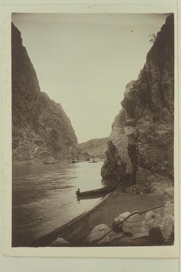Boulder Canyon- Drilling was carried on here for two years before it was decided to put dam at Black Canyon.  Note barge in center of river from which drilling was done