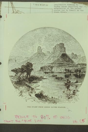 Imaginative drawing by Thomas Moran depicting the embarkation of the second cruise led by Powell on the Green River