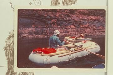 Inflated units used by Ed Herrman, Howard Booth, and Jorgen Visbak to transit the Grand Canyon April-May, 1974.  Visbak places this at Mile 15 but is undertain.  It appears more like the left wall at Houserock Rapid